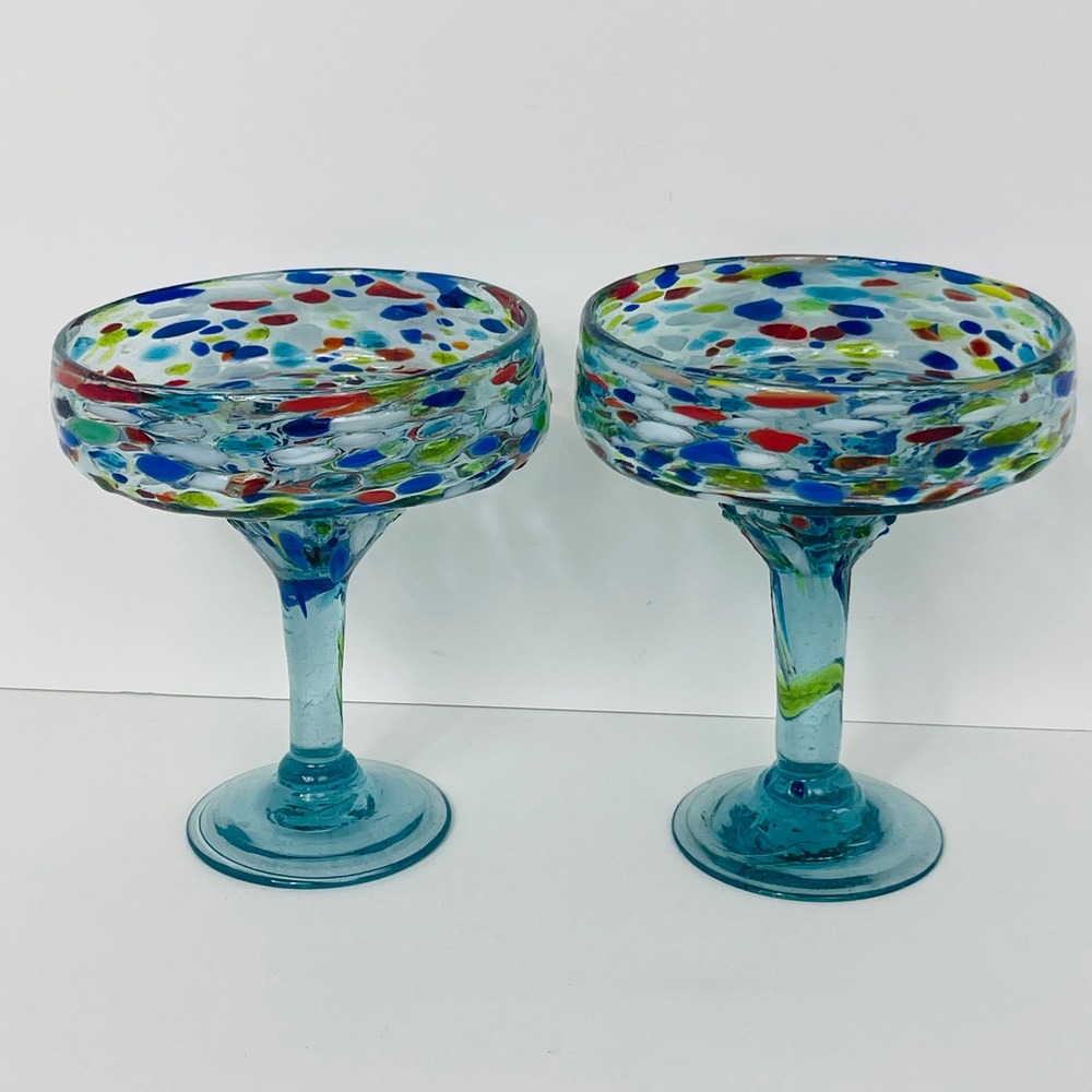 Hand Blown Confetti Margarita Glasses Set of 2 Blue Multi Color Mexican Glass